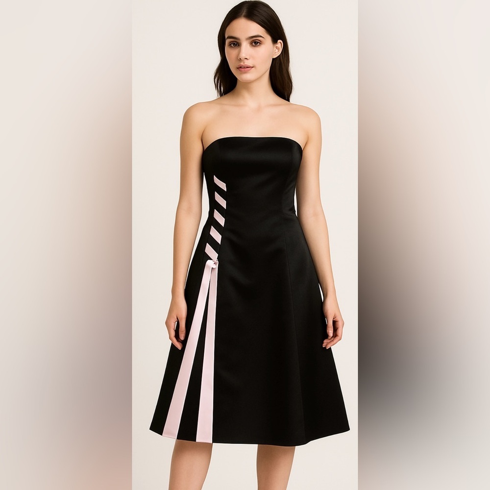 Vtg Gunne Sax Holiday Party Dress Black Pink Strapless Satin Dress Size 4